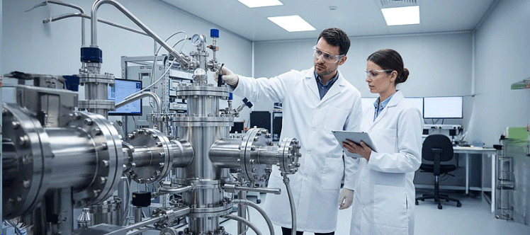 Scientists working with vacuum chamber equipment